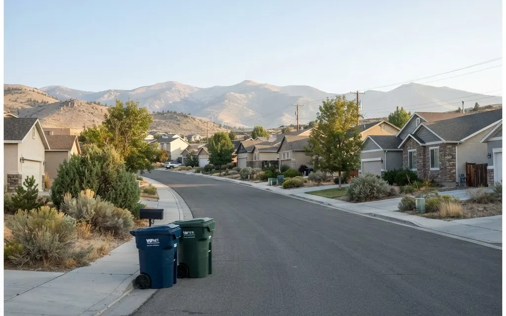 Trash and recycling bins positioned neatly for collection in a Reno, Nevada neighborhood