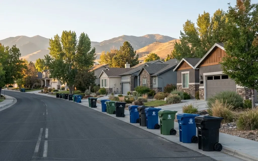 Residential trash bins aligned for a coordinated collection route in Reno, Nevada