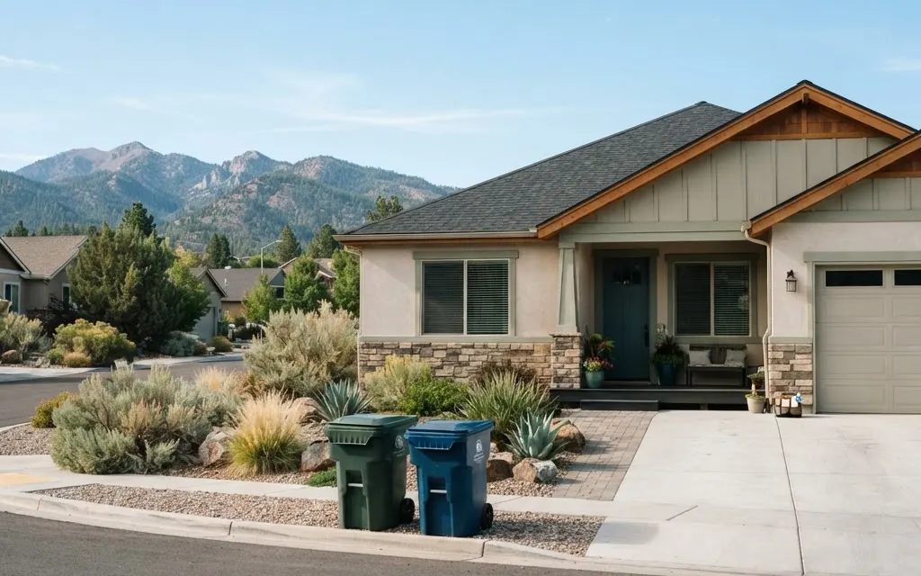 Closed trash bins staged neatly outside a Reno, Nevada short-term rental